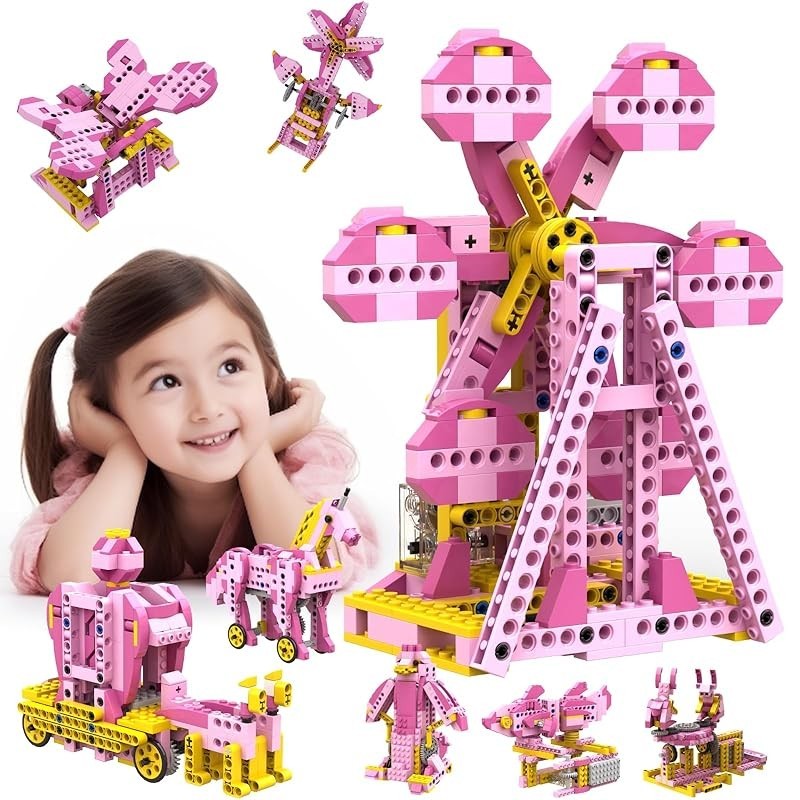Apitor Robot G 8款“粉色游乐园系列”积木套装-适合公主的组装机器人玩具，带分类托盘的益智玩具，圣诞礼物或