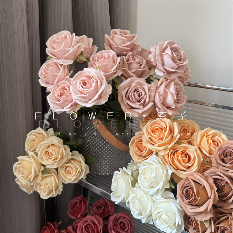 美式風7頭玫瑰花仿真花油畫玫瑰豆粉色餐桌擺件卡羅拉玫瑰花攝影