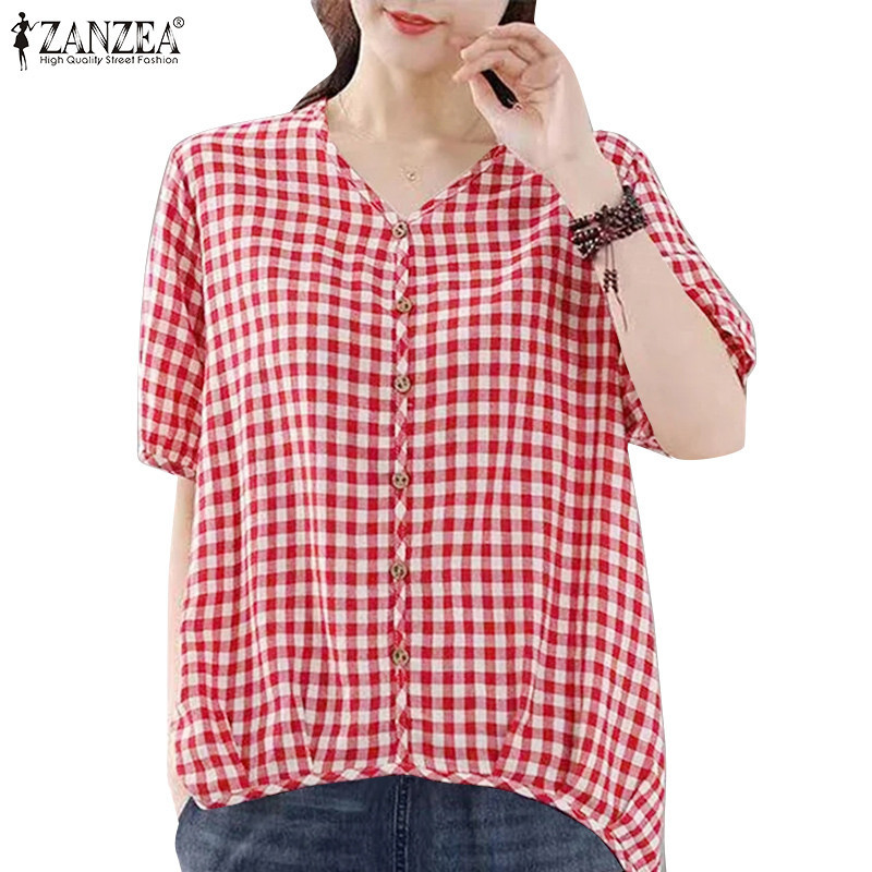 Zanzea 女式韓版休閒格子 V 領短袖沙灘襯衫