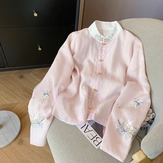 新中式國風女裝 粉色刺繡長袖襯衫女春溫柔甜美氣質輕薄上衣