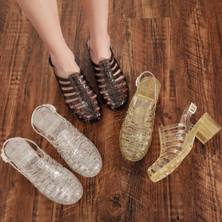 ZHOH 包頭涼鞋女高跟鞋透明水晶塑膠涼拖鞋防滑防水雨鞋沙灘鞋