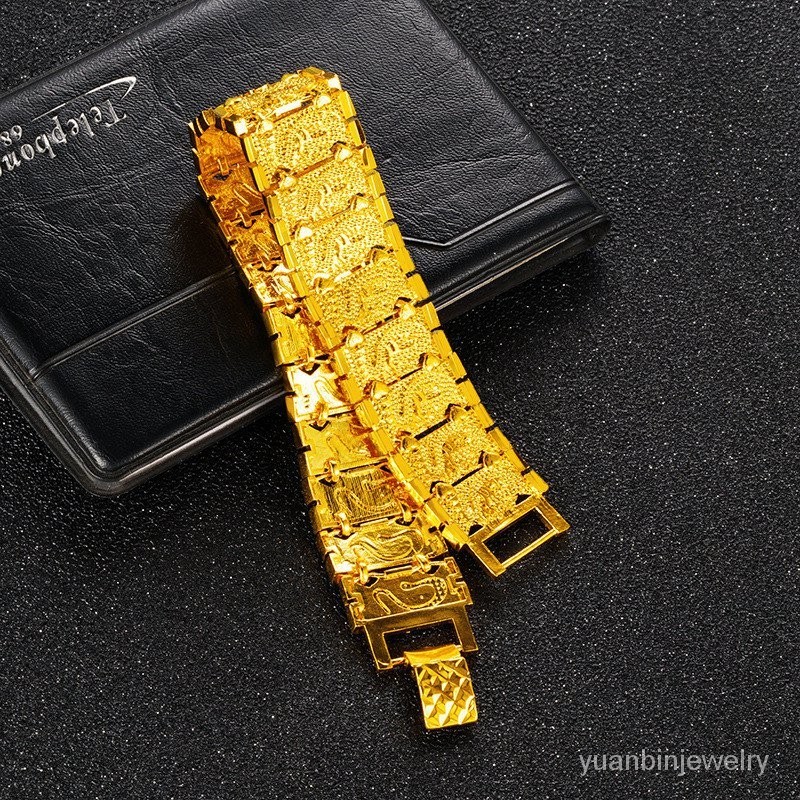 【開光吉祥物】新品越南沙金龍紋男手鏈黃銅鍍24k黃金男士霸氣手錶扣鏈批發