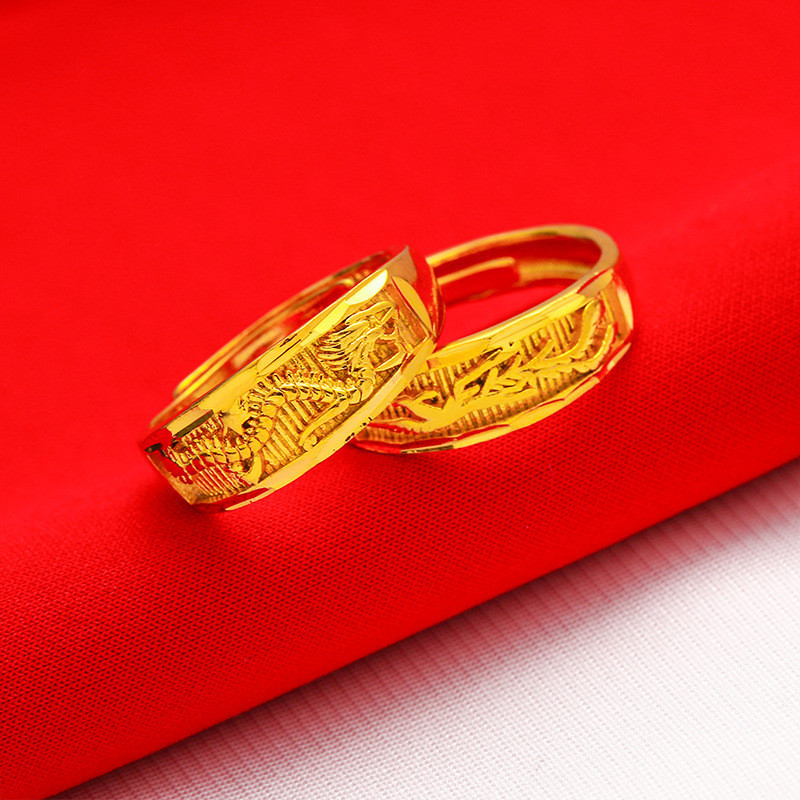日韓百搭男女仿金情侶龍紋對戒 黃銅電鍍婚慶沙金龍鳳戒指簡約個性首飾