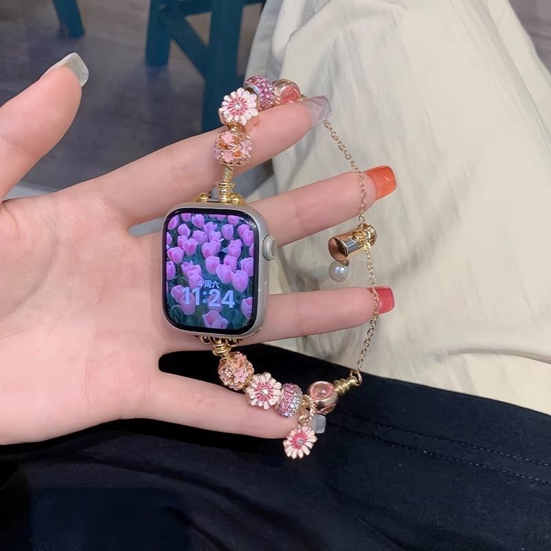 中式 9876SE21高級粉紅色女款適用花朵蘋果串珠鏈Watch錶帶5Apple