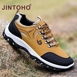 Jintoho男士黑色真皮運動鞋輕便男鞋步行戶外鞋休閒登山運動鞋