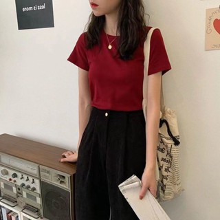胖胖美依 短袖上衣 T恤 內搭衫 S-2XL正肩純棉u領短袖t恤修身洋氣夏季短款純色打底上衣-2811.