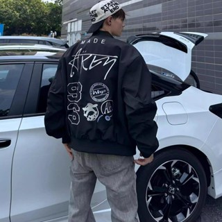 美式復古字母徽章刺繡棒球領飛行夾克男 潮流寬鬆百搭休閒情侶外套