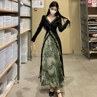 M-4XL 法式扎染設計感網紗假兩件連身裙 大尺碼洋裝 收腰顯瘦連身裙 梨形身材 顯瘦洋裝 中長款洋裝