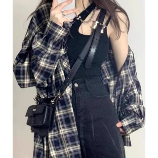 【肉肉家中大碼女裝】M-4XL 大尺碼 格子襯衫女美式設計感寬松顯瘦長袖襯衣外套