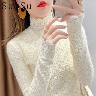 【Su Su】內搭衣女 長袖上衣女 加絨加厚蕾絲打底衫女 秋冬新款內搭高領洋氣小衫 磨毛保暖網紗上衣 女裝