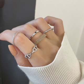 [閃光少女]銀色素圈組閤套裝戒指女ins學生潮簡約冷淡風食指戒時尚網紅指環 戒指 鍍銀戒指配飾 女生配飾戒指 韓版疊帶戒