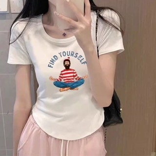 胖胖美依 短袖T卹 上衣 短版上衣 印花上衣 小衫 S-XL新款下擺孤形設計感小眾不規則短款辣妹上衣-4236.