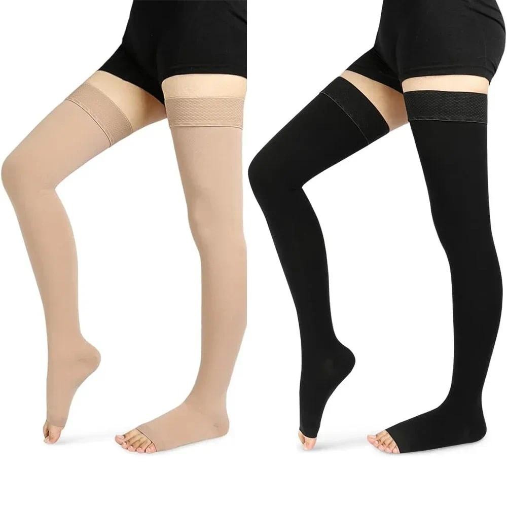 1 雙彈力襪女式男式 20-30 毫米汞柱露趾大腿高筒襪適用於靜脈曲張腫脹腿部旅行飛行孕婦