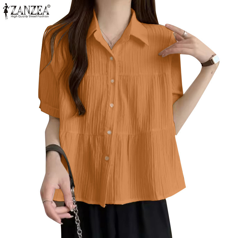 Zanzea 女式韓版縮褶寬鬆短袖拼接襯衫