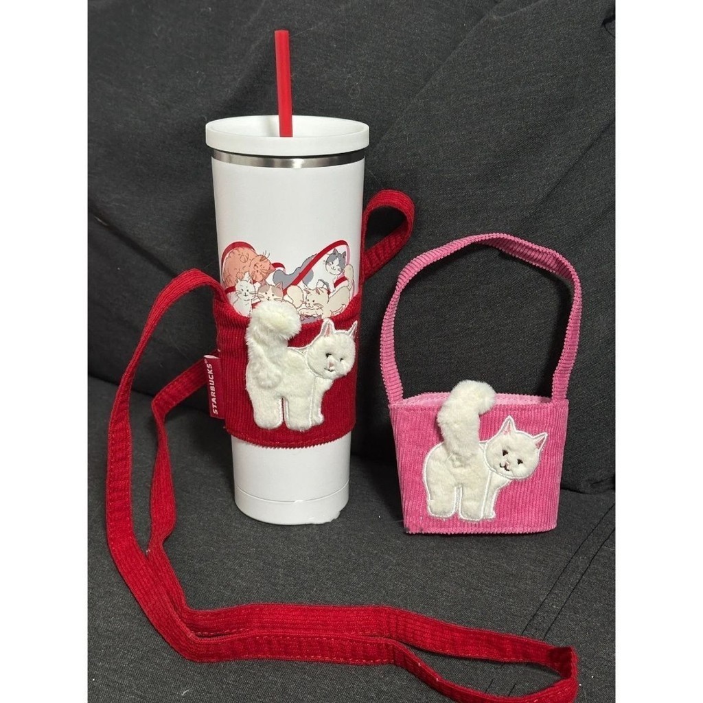 星巴克可愛貓咪尾巴杯套 粉紅紫紅小貓便利單杯提袋 斜挎水杯套 手提杯袋