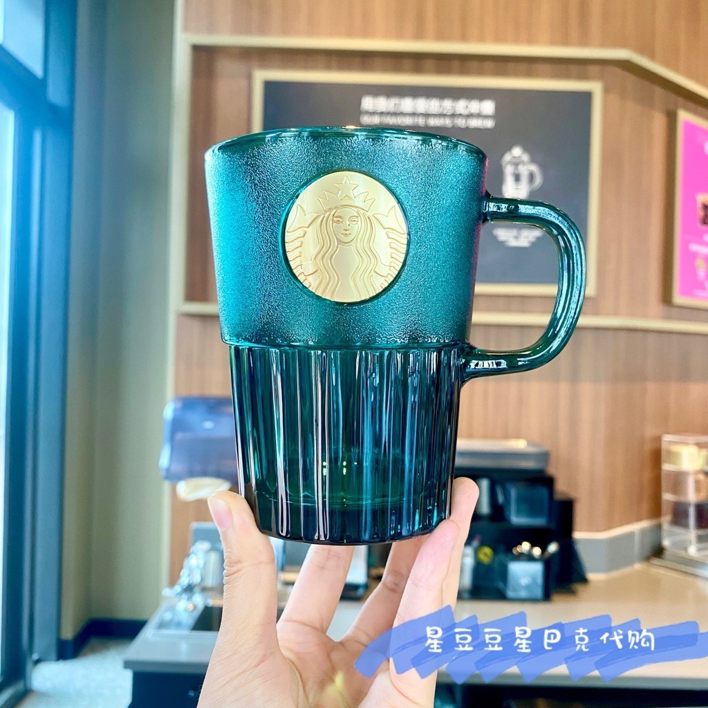星巴克2021經典墨綠色復古風女神人魚銅牌銘牌400ml玻璃杯冷水杯