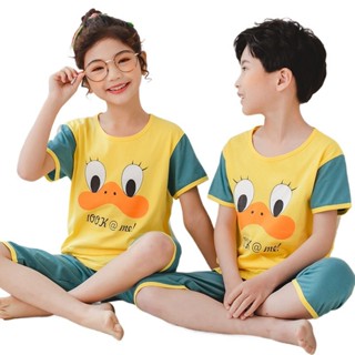 兒童睡衣男童純棉七分袖套裝女童夏季薄款短袖T恤兒童空調家居服