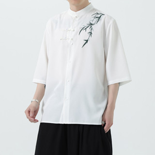 男士亞麻冰絲短袖襯衫民族風立領盤扣富貴竹刺繡百搭棉麻五分袖襯衫涼感透氣排汗男上衣唐裝漢服居士服禪服太極服