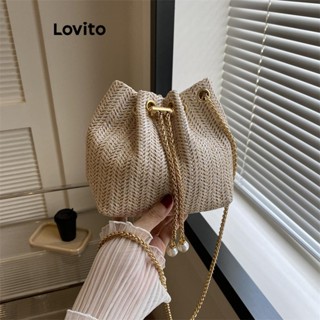 Lovito 休閒草編抽繩度假格編織實用水桶包高品質時尚女士小斜揹包 LFA67025
