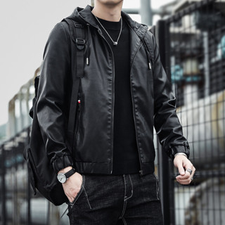 2024男士機車皮衣春秋新款連帽外套韓版緊身潮流青年休閒PU皮男裝
