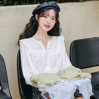 實物圖！春夏女裝 法式長袖襯衫女 2025年春裝新款高階感小飛袖襯衣 設計感百搭氣質上衣 韓版V領簡約通勤百搭素色衣服女