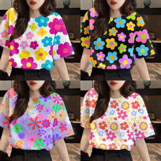 Songkran 襯衫 2025 夏威夷短袖女士寬鬆彩虹花 T 恤女士上衣 XS-5XL
