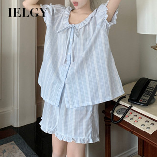 IELGY 藍色薄款格紋睡衣套裝女士休閒家居服