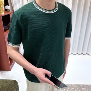 韓版輕奢拼撞色圓領透氣針織t恤衫 夏季小香風緊身彈力短袖潮男t恤