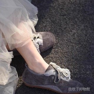 🔥免運 歐洲站2025爆款 芭蕾風德訓鞋 女珍珠蝴蝶結平底係帶休閒新款 增高舒適軟底鞋