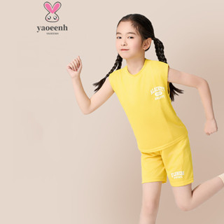 【YAOEENH】100-160CM 男女童簡約印花無袖無袖套裝 夏季中大童網眼透氣背心短褲運動兩件套 現貨 快速出貨