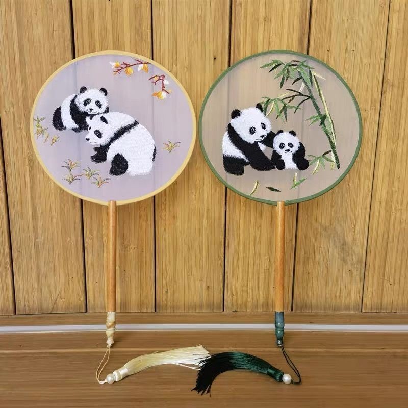 熊貓繡花團扇單面刺繡宮扇紈扇中國風古早工藝品扇子飾品送朋友