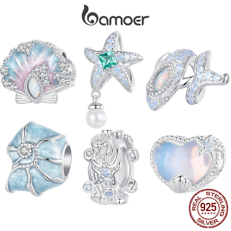 Bamoer 925 純銀魅力鯨魚海星夢幻貝殼設計吊墜藍色海洋配飾手鍊禮物女士女孩