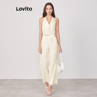 Lovito 女士優雅條紋蝴蝶結拉鍊口袋長褲套裝 L83ED328