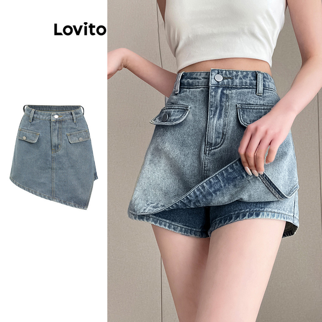 Lovito 女士休閒素色鈕扣假 2 合 1 口袋牛仔短褲 L86ED170