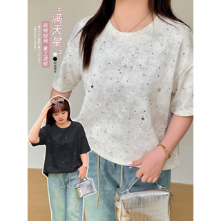 伊諾大尺碼女裝重工燙鑽圓領T恤春夏新款韓版寬鬆遮肉上衣120133