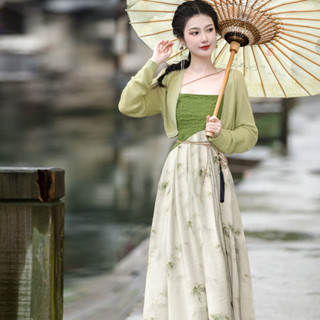 新中式日常漢元素設計感綠色水墨畫暈染吊帶洋裝配小外套兩件套裝