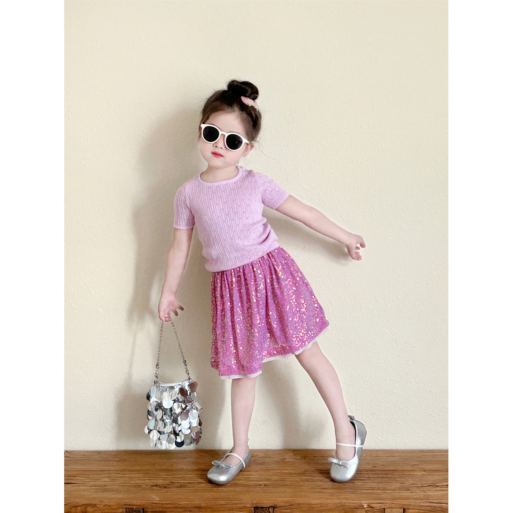 ✨HIKIDS✨2024夏季女童韓系套裝 粉色鏤空針織衫 短袖上衣 公主亮片裙半身裙