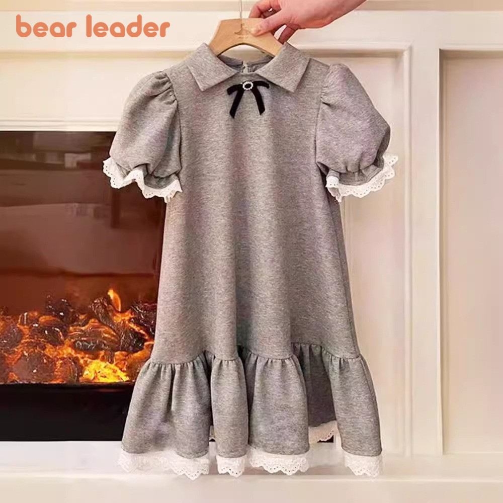 Bear Leader 女嬰公主裙灰色翻領蕾絲短袖蝴蝶結 Polo 兒童衣服 2-7 歲夏季