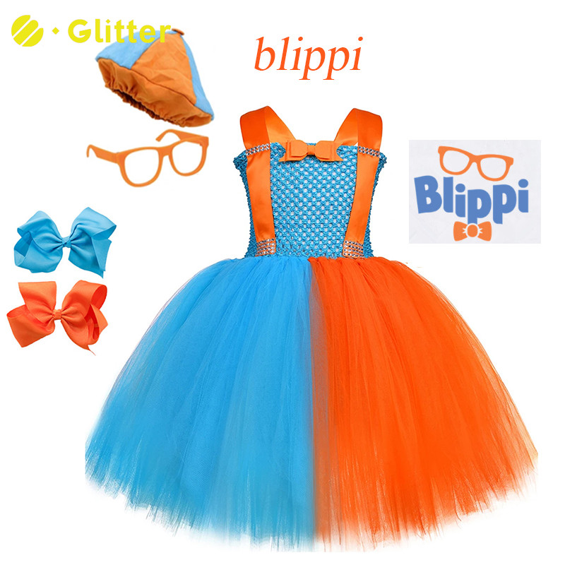 藍橙色萬聖節角色扮演服裝帽子眼鏡女孩兒童學校教授老師裝扮衣服聖誕花式芭蕾舞短裙服裝 2-8 歲