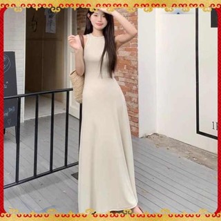 渡假洋裝 茶系洋裝 韓國chic極簡主義 夏季氣質圓領收腰顯瘦純色無袖背心連衣裙長裙