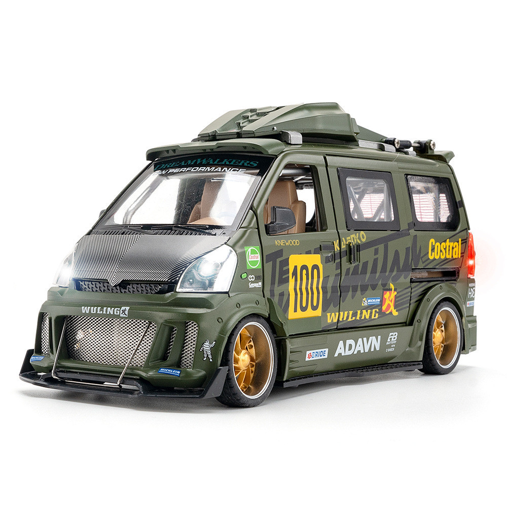 （泡沫盒裝）仿真1比24合金麵包車改裝版汽車模型擺件兒童玩具帶 OGHB