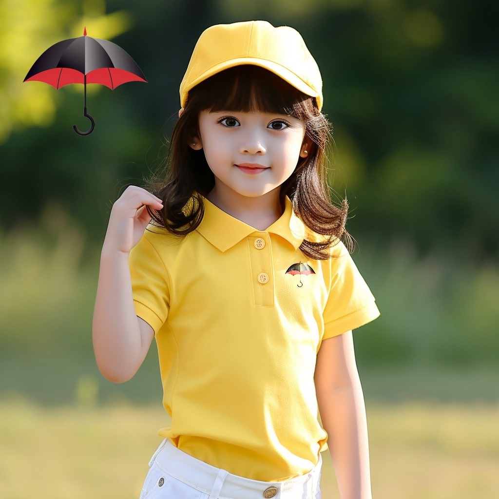 印花雨傘女孩 Polo 衫棉黃色上衣 3-14 歲兒童嬰兒學步女孩 Polo T 恤黑色白色