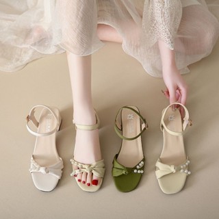涼鞋女中跟一字扣仙女粗跟珍珠時裝高跟鞋