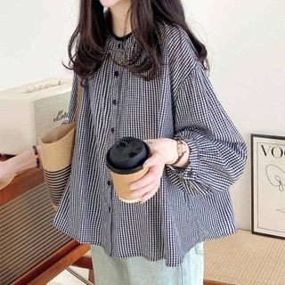 品牌女裝原單//高品質 娃娃衫上衣女春夏2024新款法式宮廷甜美拼接燈籠袖格子長袖襯衫棉