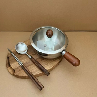 304不鏽鋼胡桃木單柄碗 無塗層小湯鍋 家用沙拉焗飯碗 帶手柄煎蛋小鍋 不鏽鋼泡麵碗 帶蓋小奶鍋