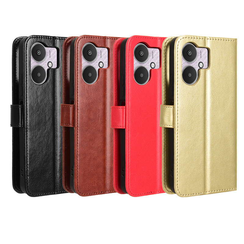 日本書本式側掀皮套 紅米13C 5G手機殼Redmi 13R翻蓋皮套小米POCO M6插卡繩瘋馬紋保護套素面手機殼