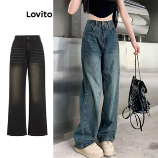 Lovito 女款休閒素色拉鍊口袋牛仔褲 LNA58106(多色的）