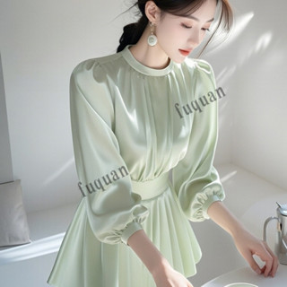 ✨綠色襯衫女法式氣質洋裝女 漂亮時尚感輕奢超好看高腰a字裙 中長款 遮肉顯瘦休閒洋裝 女士別緻裙子⭐