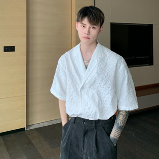 冰絲襯衫男 寬鬆短袖 夏季薄款古巴領襯衫 復古雅痞輕熟風男裝高階感白色襯衫