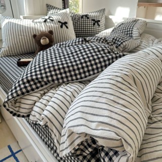 水洗棉蝴蝶結床罩 條紋被套 床包四件組枕頭套 雙人床包 雙人被套 單人床包 單人被套 床單四件套 床包組